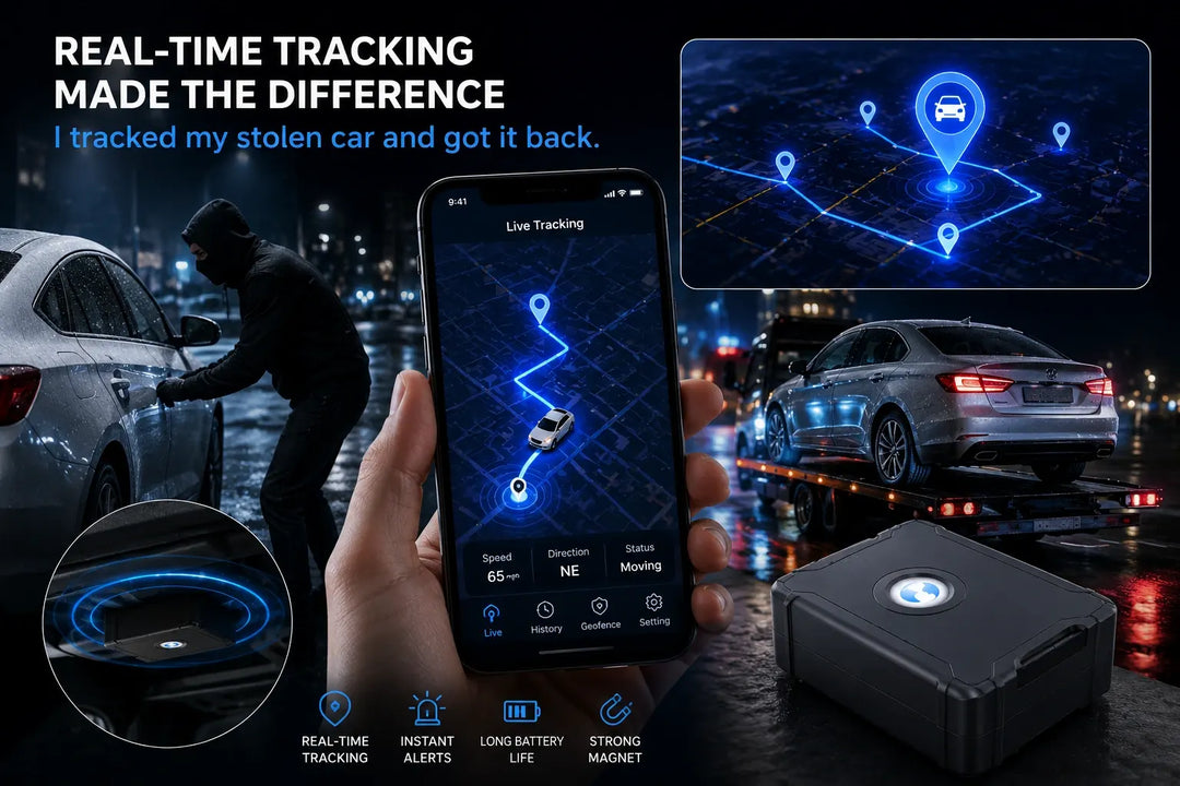 Approved TrackerOne vehicle-security scenario visual for stolen-vehicle response context