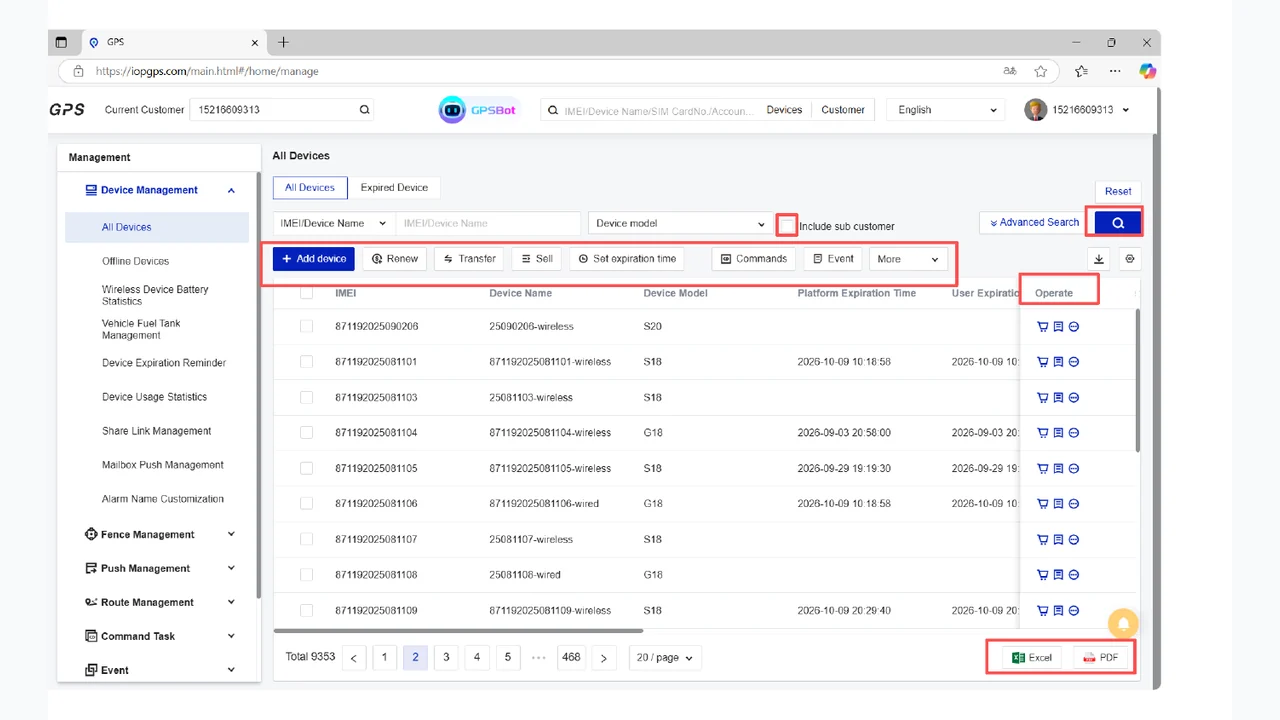 IOPGPS web platform showing device management workflows