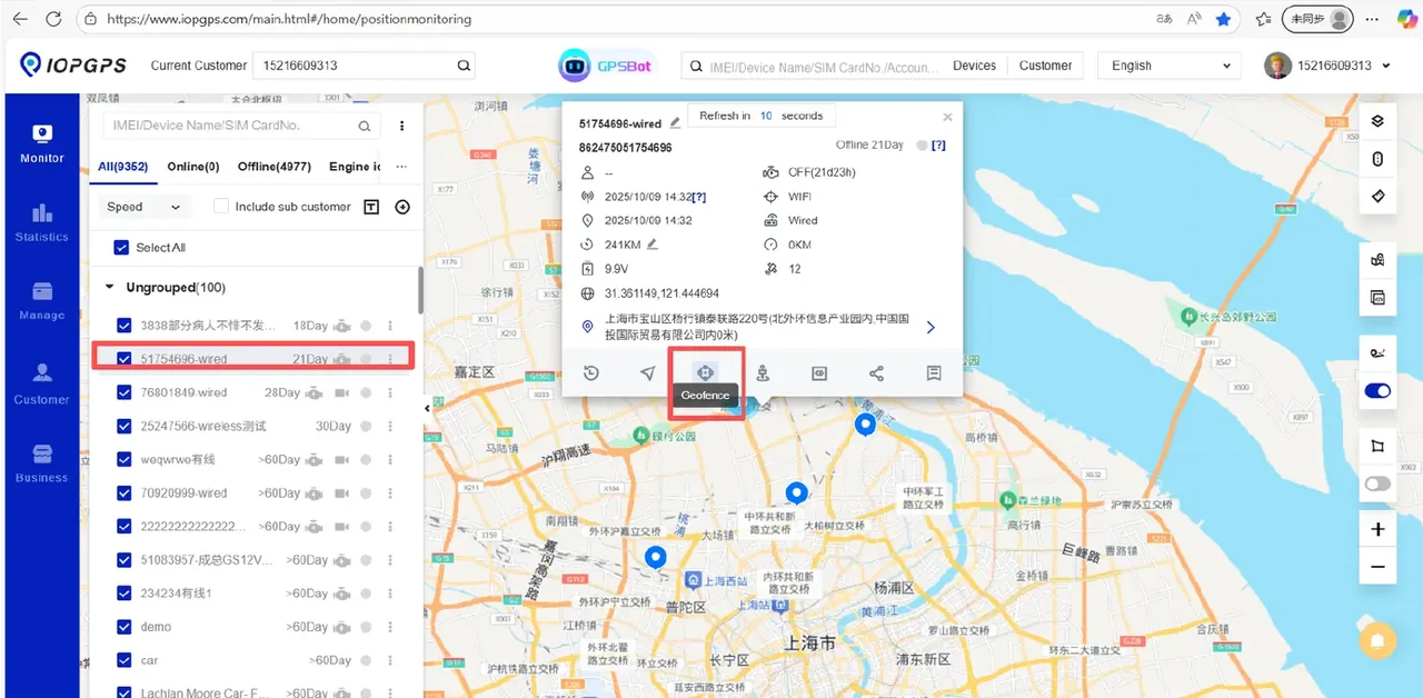 IOPGPS web platform showing vehicle and device monitoring on a map