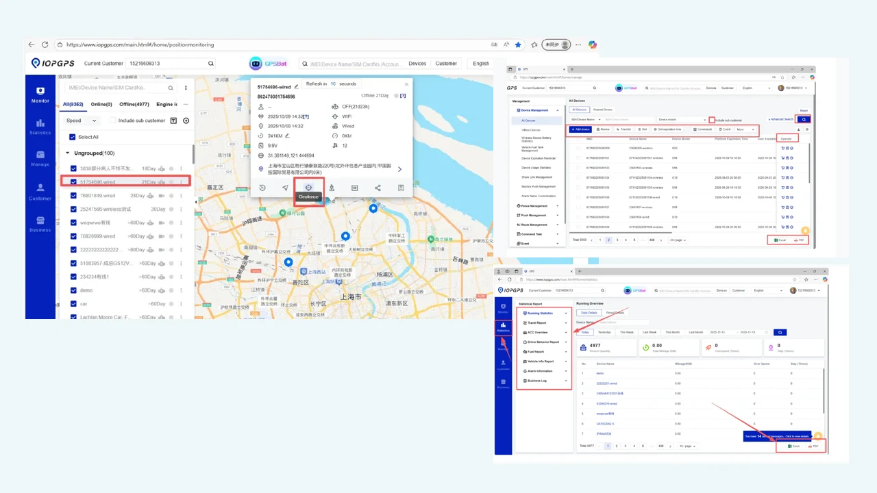 Composite of IOPGPS web platform interfaces for map visibility, device management, and reports