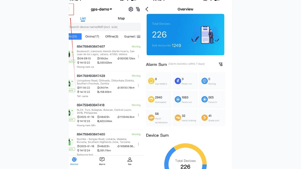 IOPGPS mobile app showing fleet device list and alarm overview